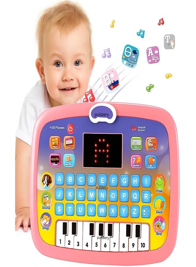PULSBERY كمبيوتر محمول تعليمي للأطفال من بولسبري لتعليم اللغة الإنجليزية - كمبيوتر تعليمي للأطفال الصغار بتصميم كرتوني للأبجدية والأرقام، مزود بإضاءة وصوت، متعدد الألوان - Image 3